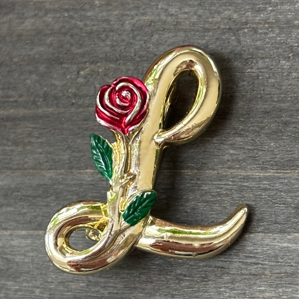 Gold Initial Brooch with Red Rose Accent "L"